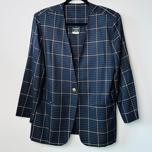Vintage Navy & Tan Window Pane Print Plaid Blazer & Skirt Suit - Picture 13 of 14